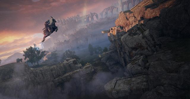 'Elden Ring' Player riding Torrent to leap above a cliff.