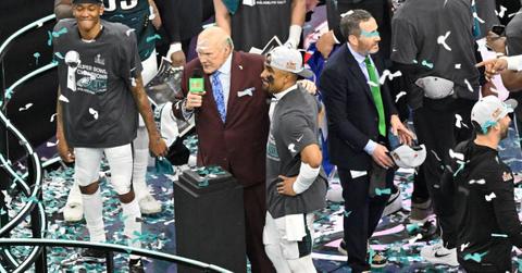 Jalen Hurts with Terry Bradshaw after the Super Bowl.