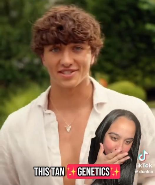 A TikToker looks aghast as a Dunkin Donuts ad features a MAGA supporter discussing genetics