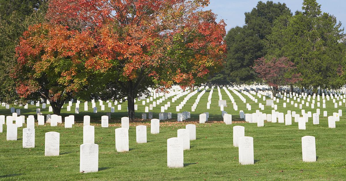 White tombstones in a cemetery with trees in the background. 