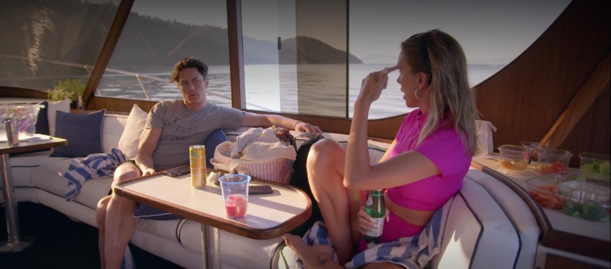 Tom and Lala argue on a boat in Lake Tahoe on Vanderpump Rules