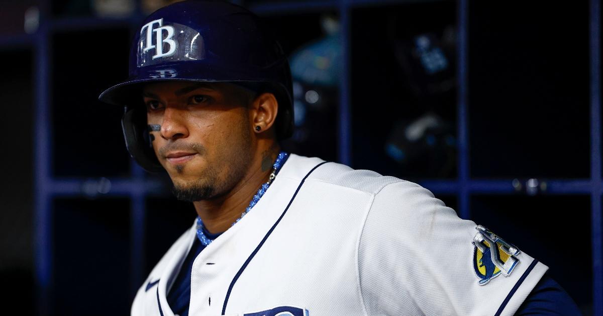 Wander Franco #5 of the Tampa Bay Rays looks on during the ninth inning against the Cleveland Guardians at Tropicana Field on August 12, 2023 in St Petersburg, Florida. (Photo by Douglas P. DeFelice/Getty Images)