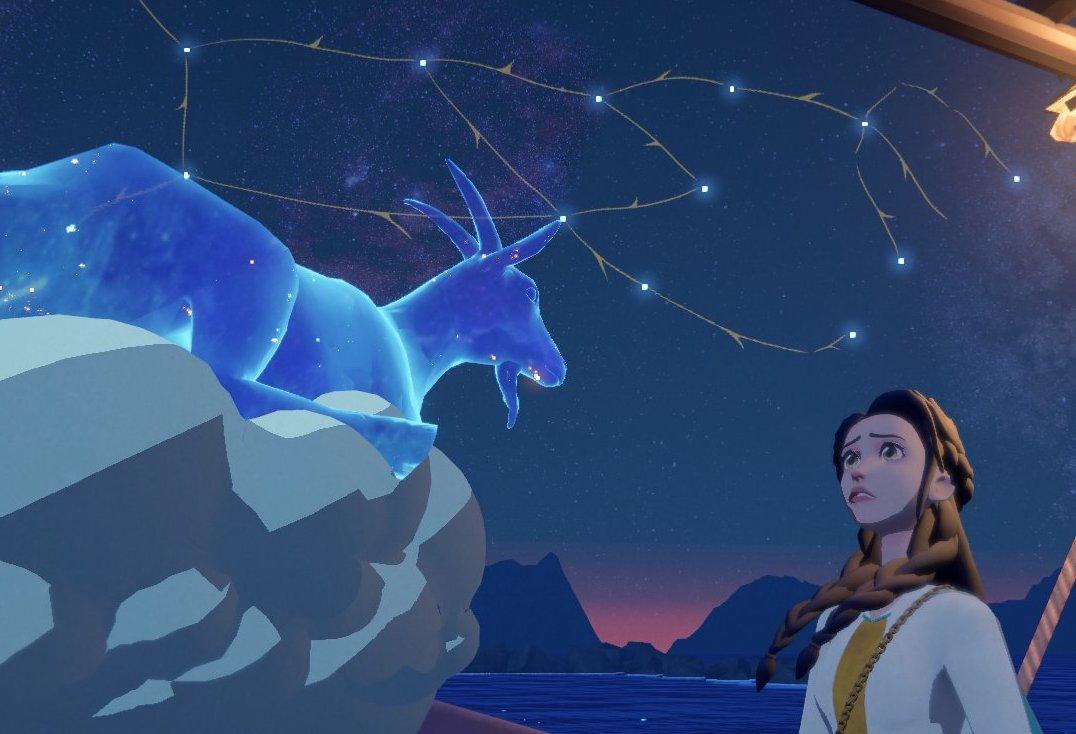 Layla and the Goat Kid with a constellation in the background in 'Nightscape'