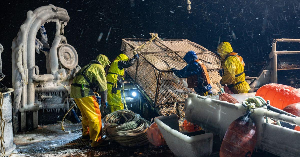 FV Wizard crew members working at night on the deck on 'Deadliest Catch'