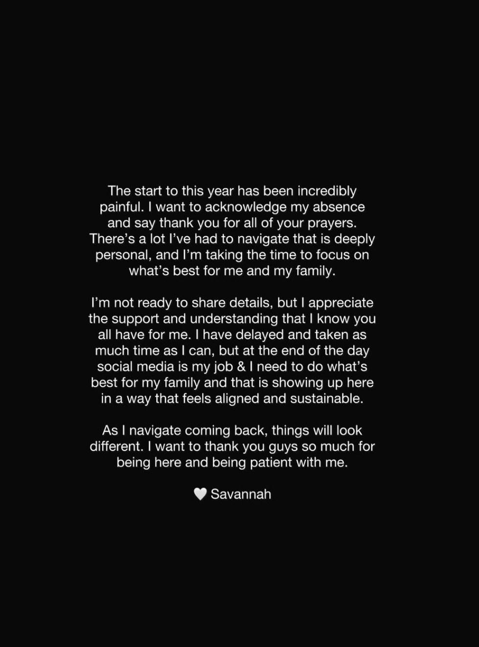 Savannah Jean Alexander posts an update for fans on Instagram.