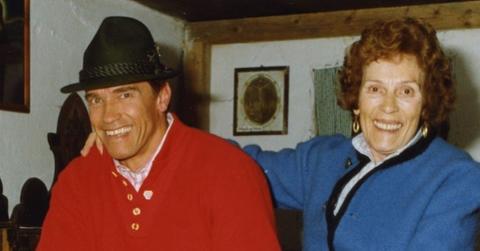 Arnold Schwarzenegger and his mom, Aurelia Schwarzenegger smile