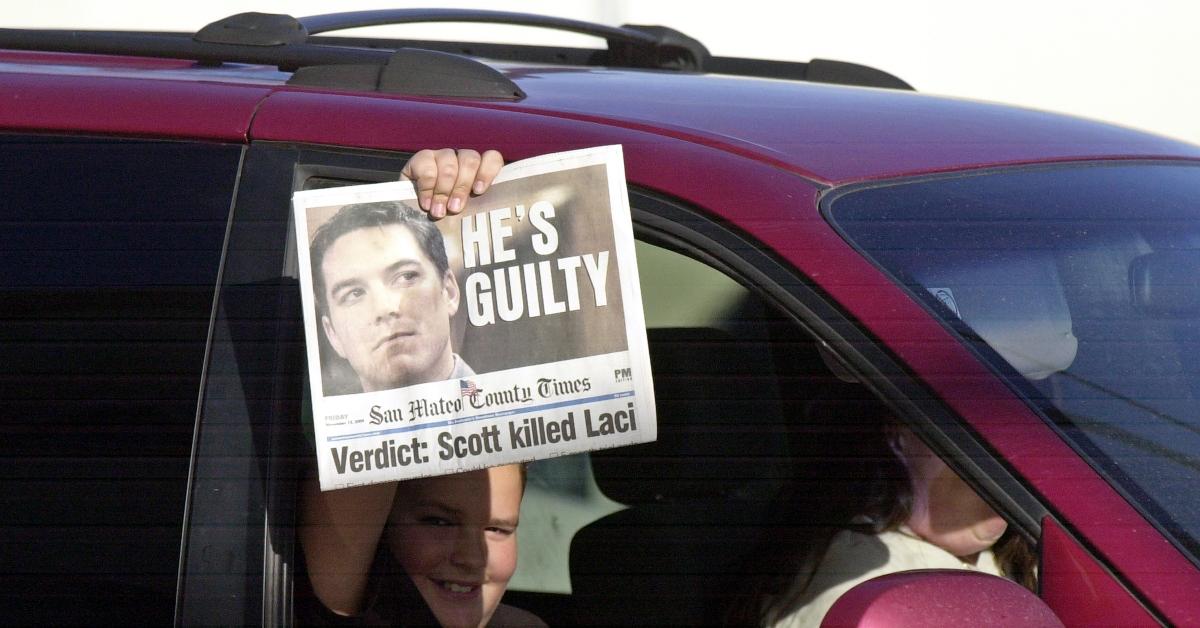 A kid holds up a newspaper declaring Scott Peterson is guilty 