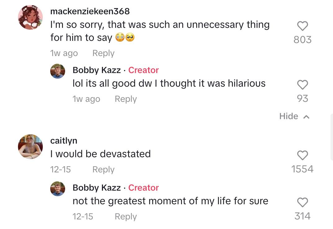 Commenters offering support to Bobby after his experience at Chipotle