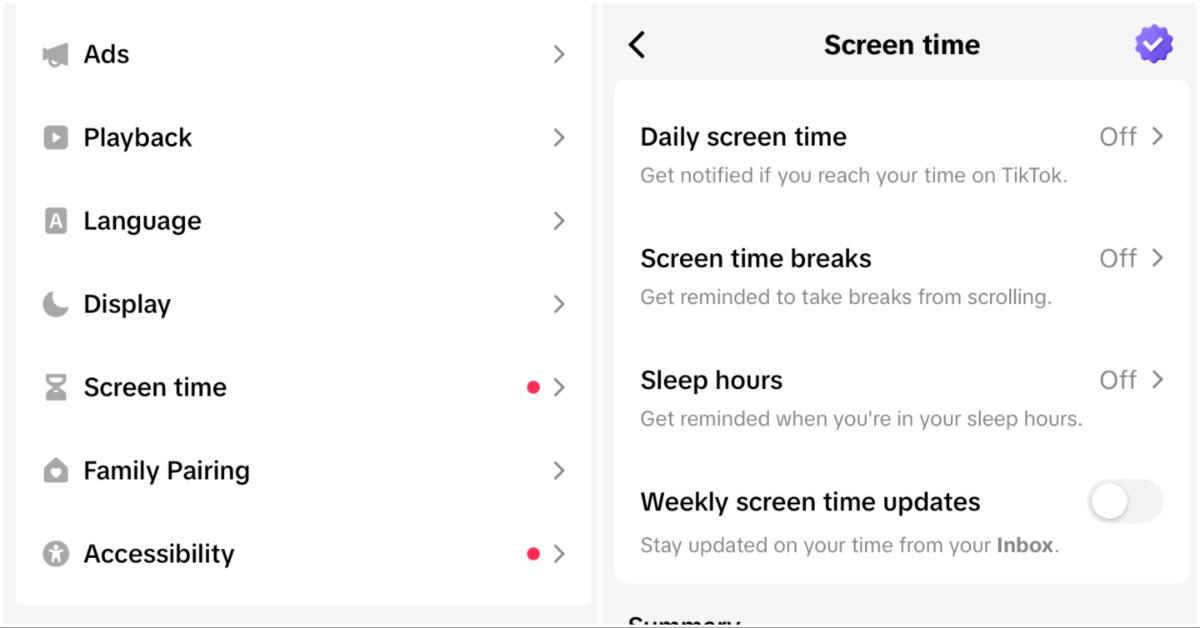 TikTok screen time settings page
