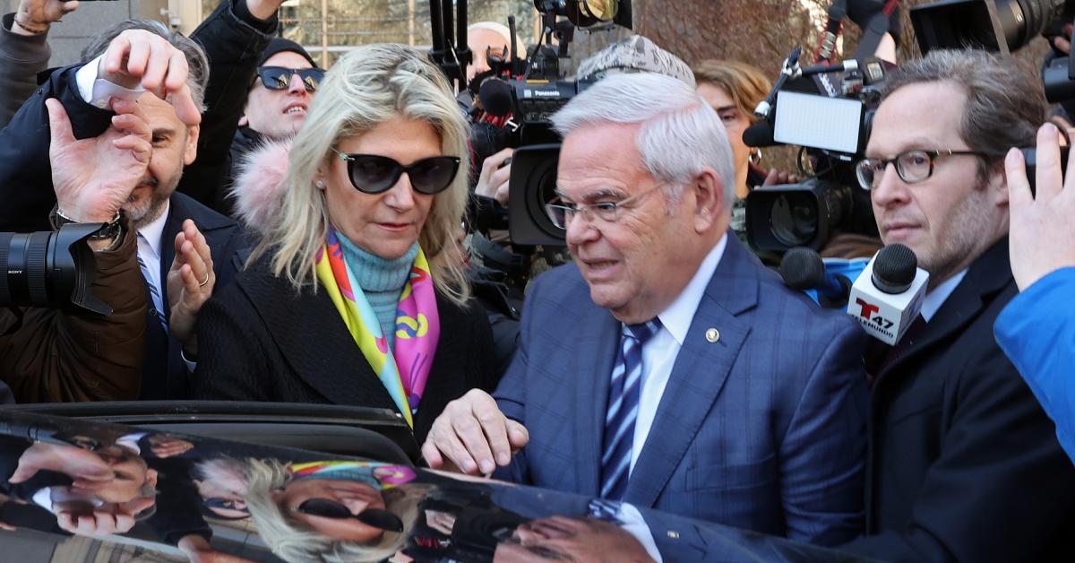 Nadine Arslanian and Senator Bob Menendez leaving court in March 2024