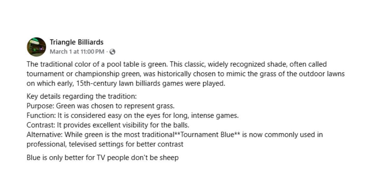 Pool tables are better in green argument