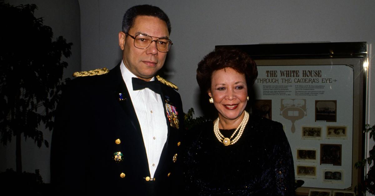 Colin Powell and his wife, Alma, arrive at the White House to attend a State Dinner on Feb. 20, 1991, in Washington D.C.