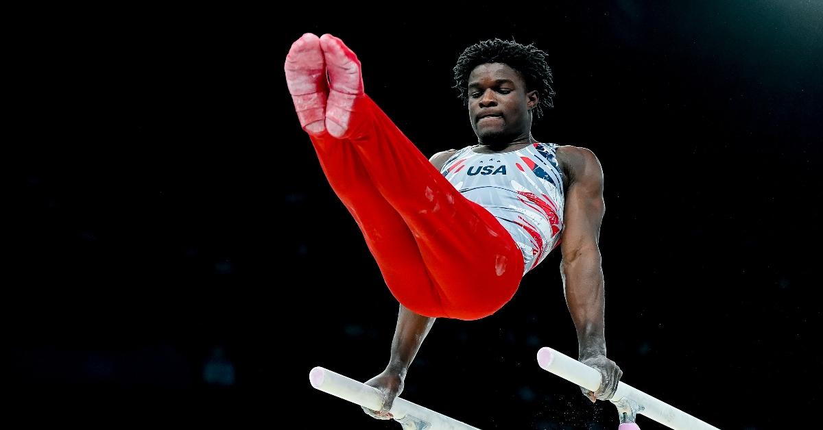  Frederick Richard of United States on Parallel Bars during the Men's Artistic Gymnastics Team Final on day three of the Olympic Games Paris 2024 at Bercy Arena on July 29, 2024 in Paris, France. (Photo by Daniela Porcelli/Eurasia Sport Images/Getty Images)