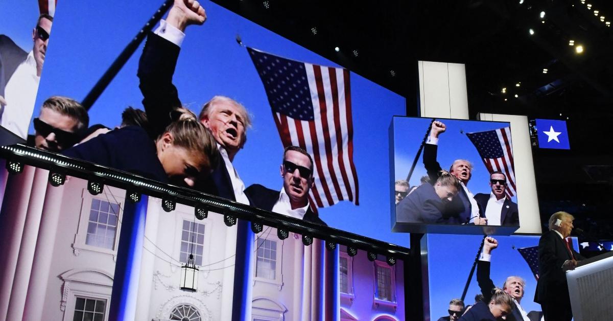 President Donald Trump talks at the 2024 RNC while his ear is bandaged from attempted assassination