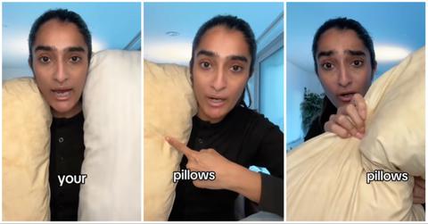 A woman explains her yellow pillows on TikTok.