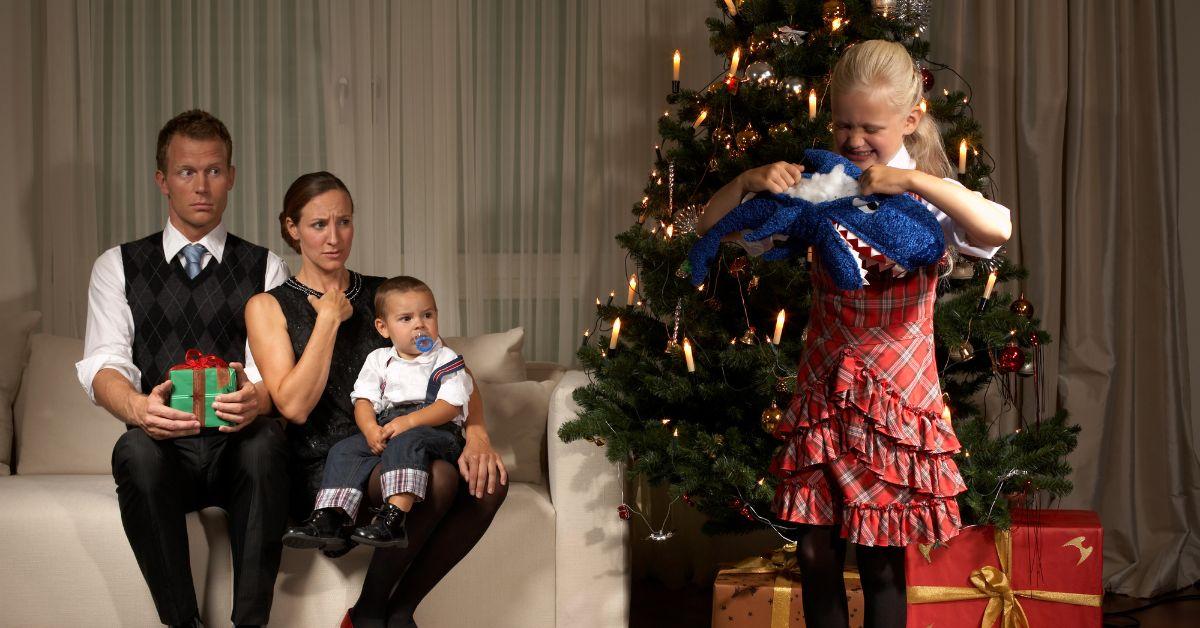 A stock photo of a family at Christmas.