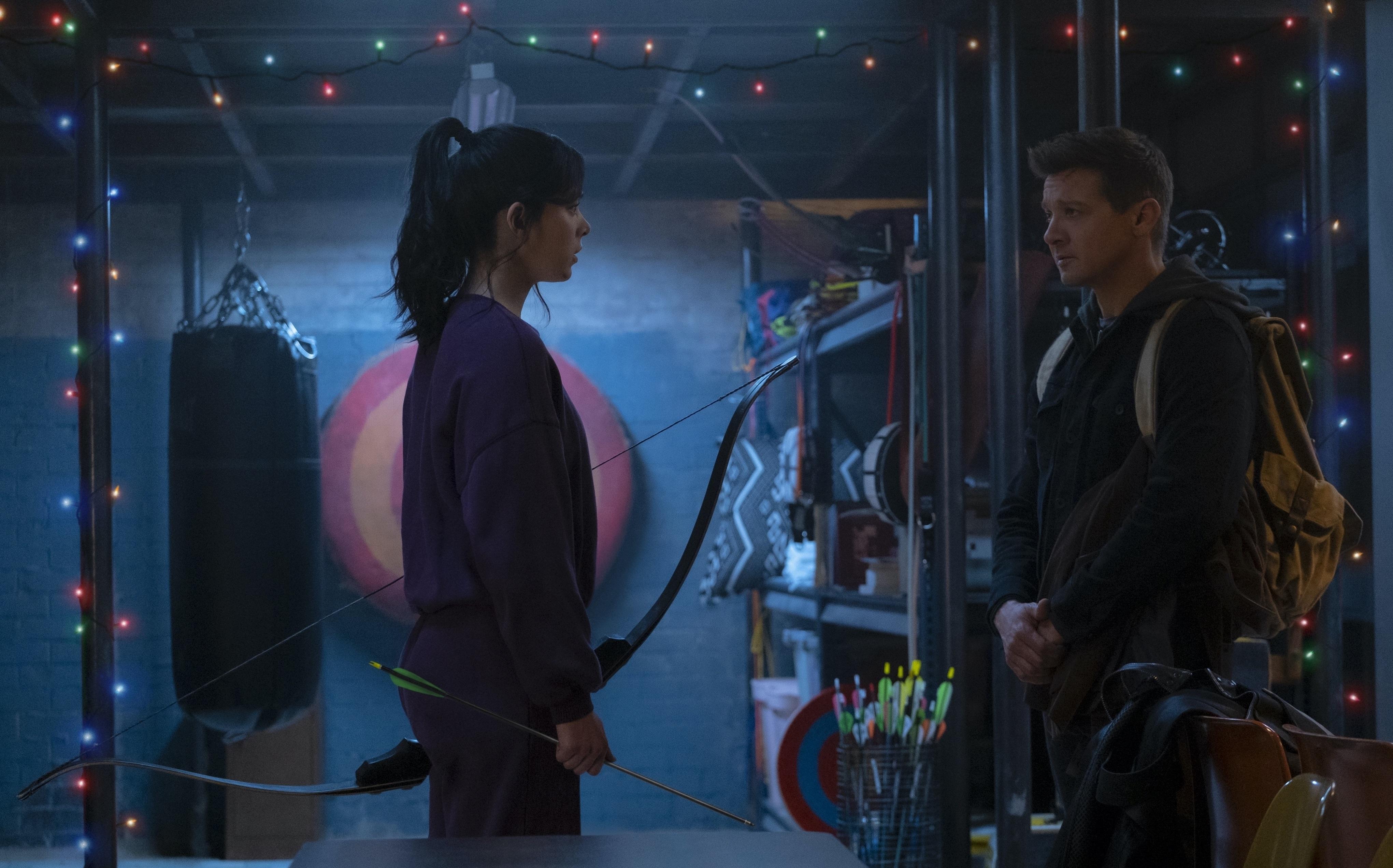 Hailee Steinfeld as Kate Bishop and Jeremy Renner as Clint Barton in 'Hawkeye'