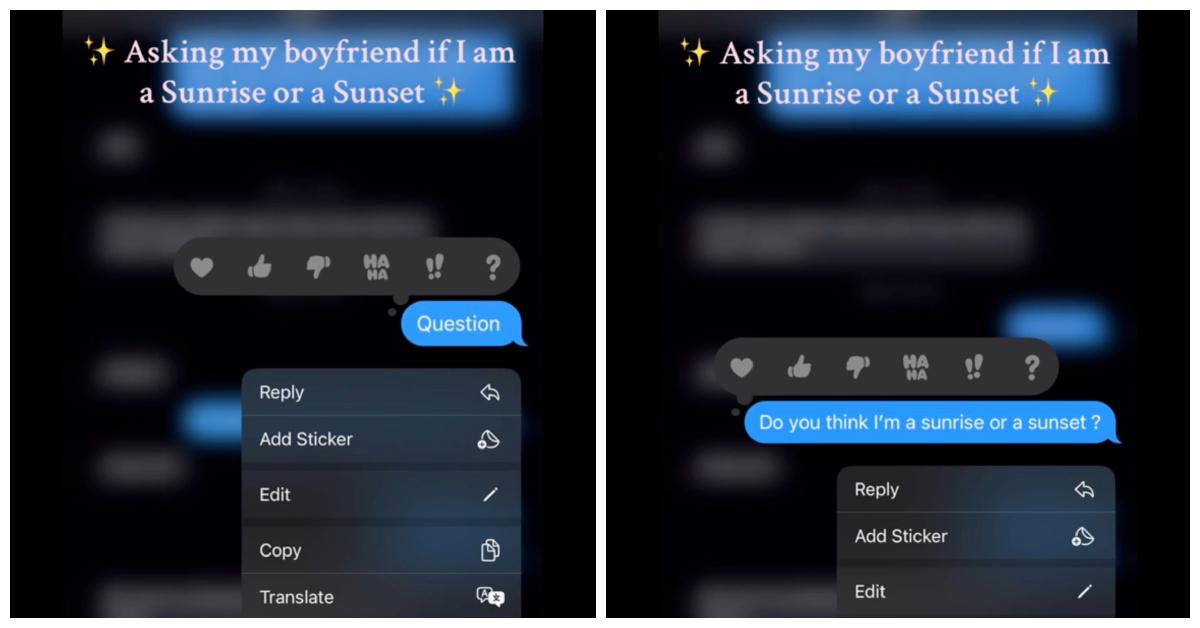 TikTok creator Erica (@ericawmartinez) asked her husband, "Am I a sunrise or a sunset?"