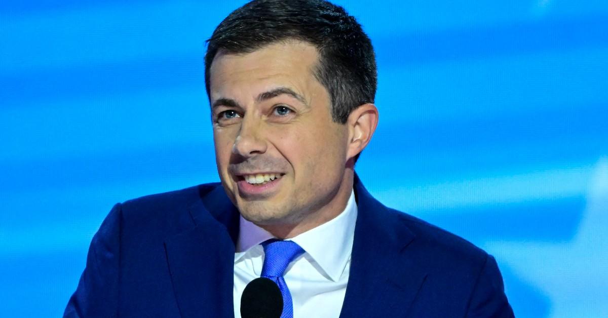 Pete Buttigieg shrugging during a speech