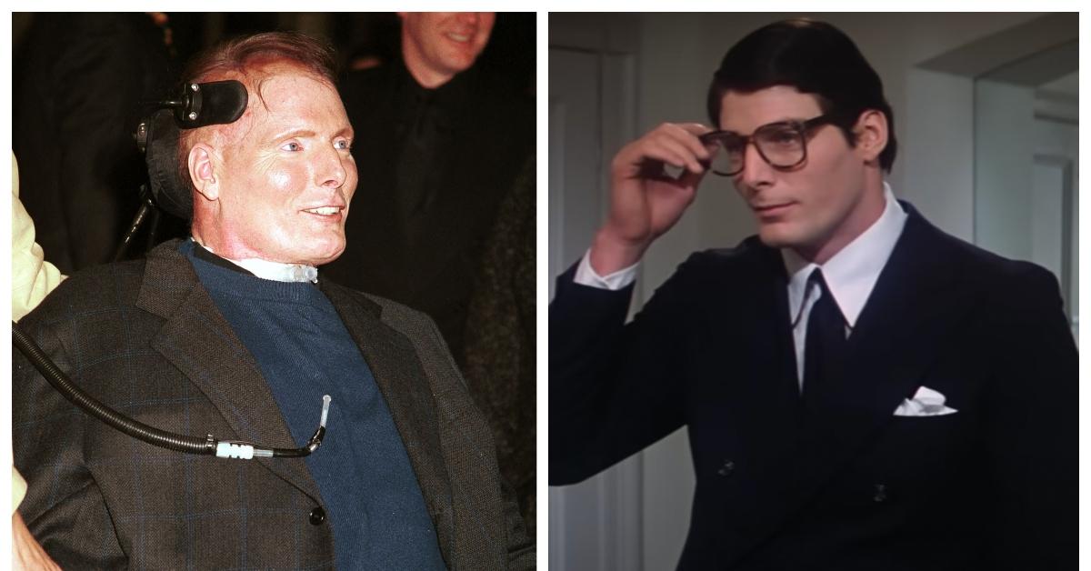 (L-R): Christopher Reeve after his accident; Christopher Reeve as Clark Kent in 'Superman'