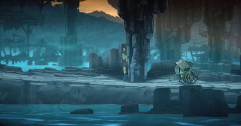 'Forgotlings' Close-up of Fig hiding behind a pillar with an enemy nearby.