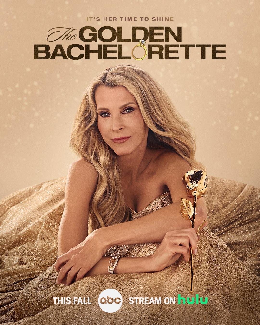 'The Golden Bachelorette' key art features Joan Vassos posing in a gold strapless gown while holding a gold rose.