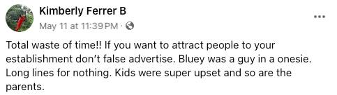 Facebook comment that Bluey event in Las Vegas Dirty Dog restaurant was a "waste of time"