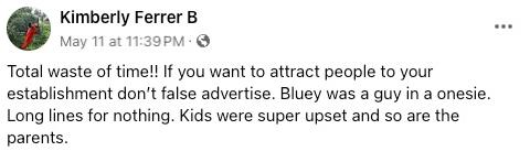Facebook comment that Bluey event in Las Vegas Dirty Dog restaurant was a "waste of time"