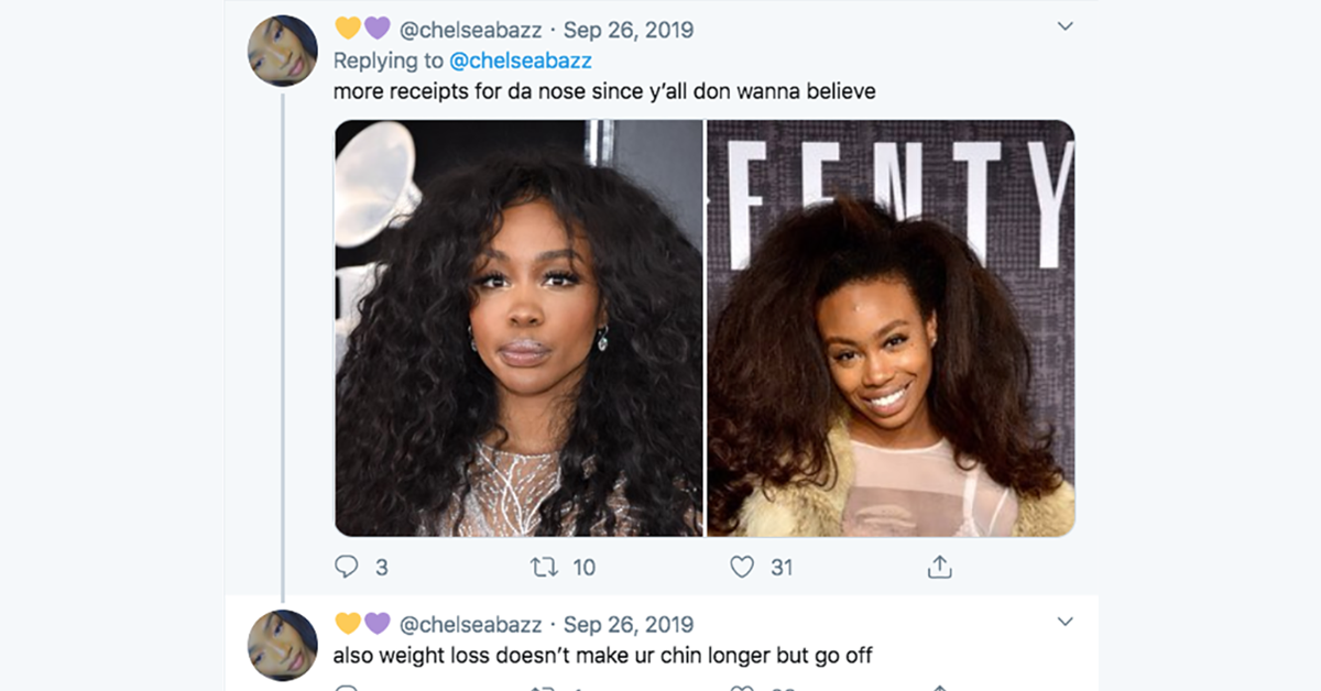 A tweet showing SZA before and after possible surgery.