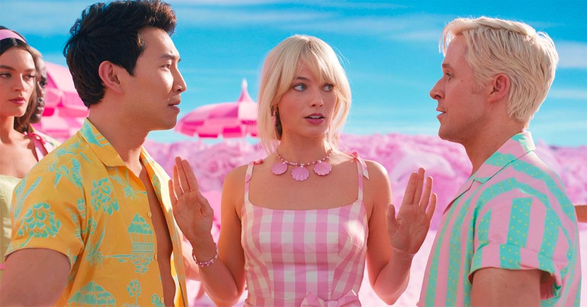 Simu Liu, Margot Robbie, and Ryan Gosling in 'Barbie.' 