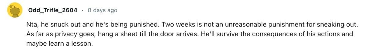 A comment about a parent removing teen sons bedroom door