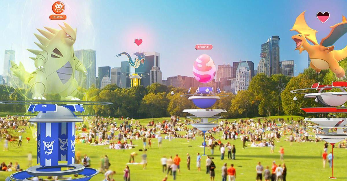 Pokémon GO Gyms and Raids scattered throughout a park in the middle of a city.