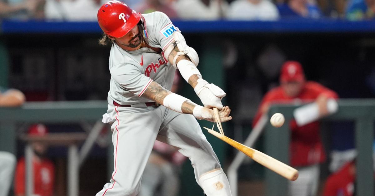 Nick Castellanos shatters his bat during a game. 