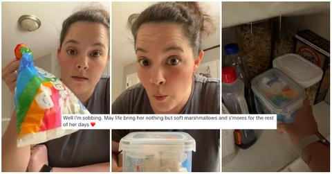 (l-r): A foster parent holding her foster kid's marshmallows and putting them in a pantry