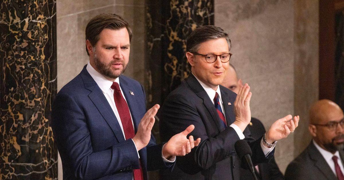 JD Vance and Mike Johnson applauding during Trump's State of the Union. 