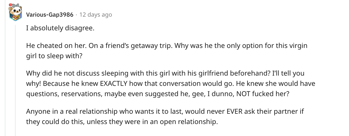 A commenter on OP's Reddit post about boyfriend cheating with terminally ill friend