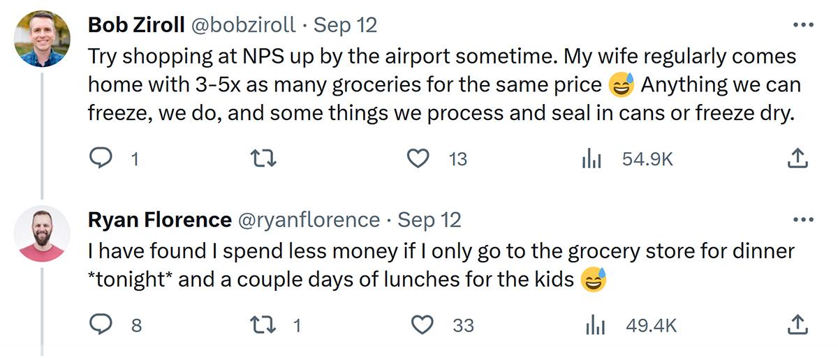 Comments on Twitter about spending $100 on groceries