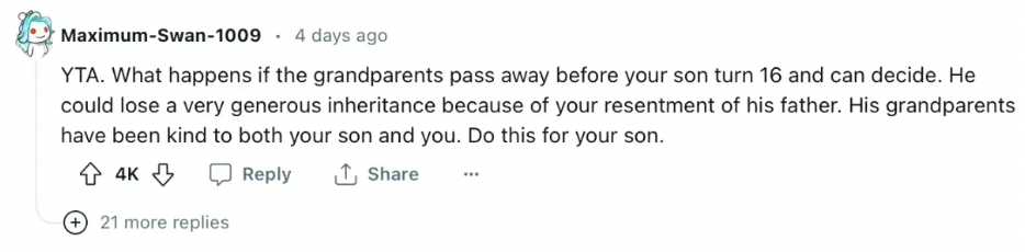 A comment on woman's Reddit thread after she said she doesn't want to change her son's name for an inheritance.