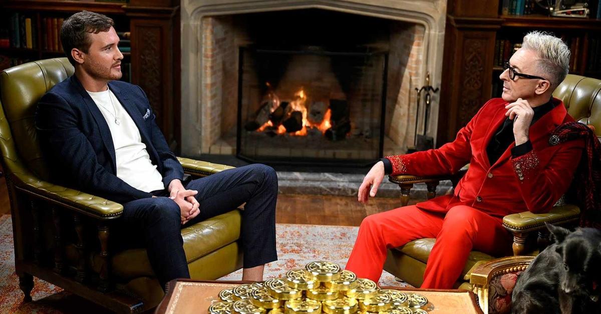 Peter Weber and Alan Cummings in front of a fire place on The Traitors