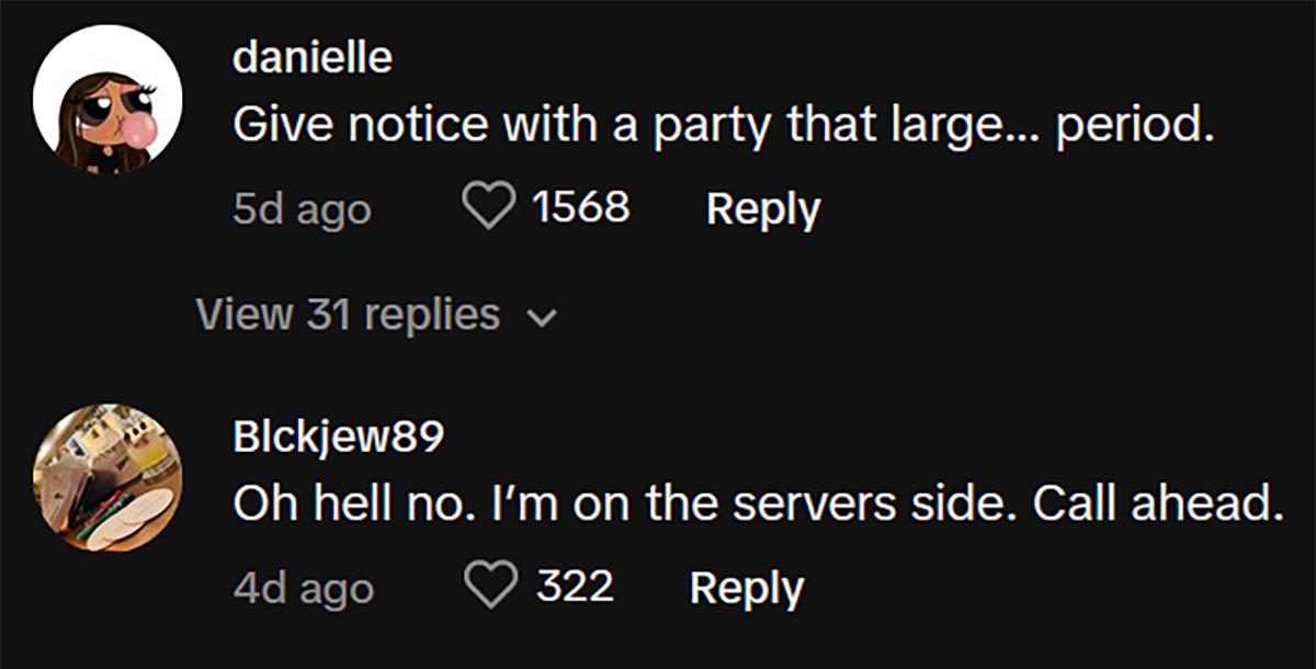 Comments on viral video of woman complaining about rude server over party of 15.