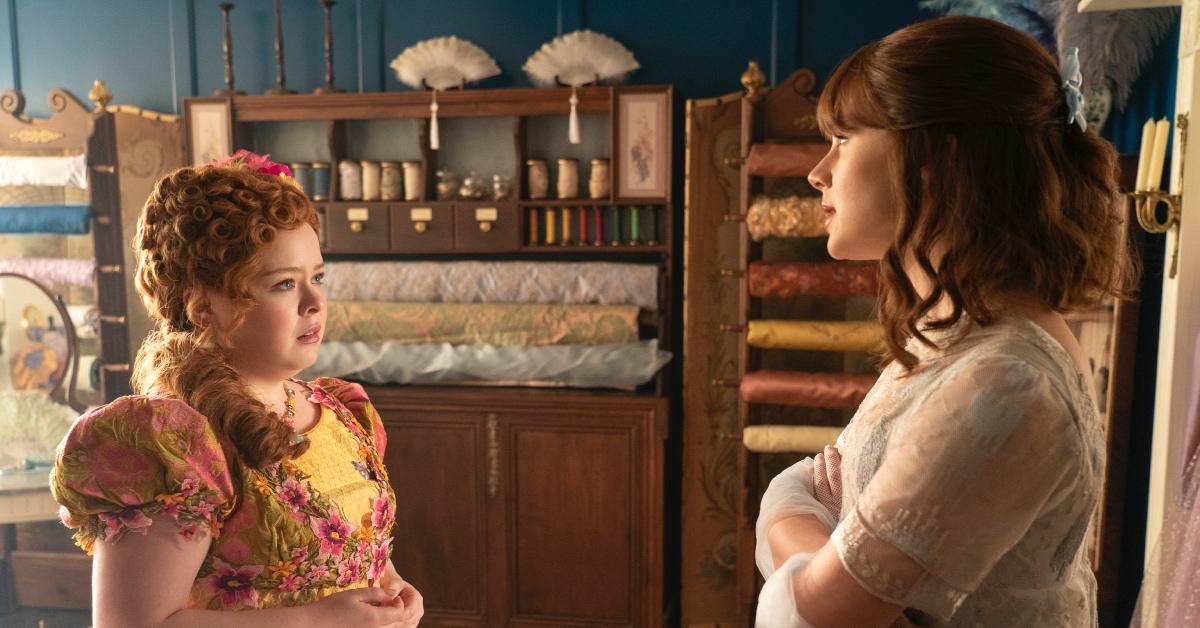Penelope and Eloise speaking at the dress shop in Season 3 of 'Bridgerton'