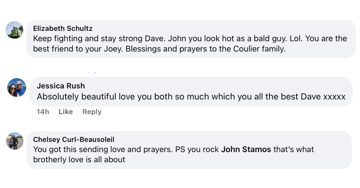 Comments on John Stamos wearing a bald cap to support Dave Coulier.