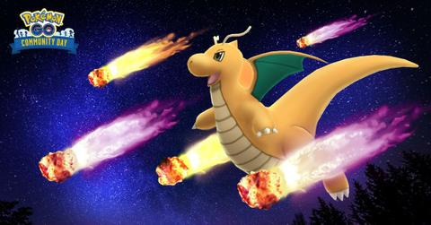 Dragonite surrounded by meteors in Pokémon GO.