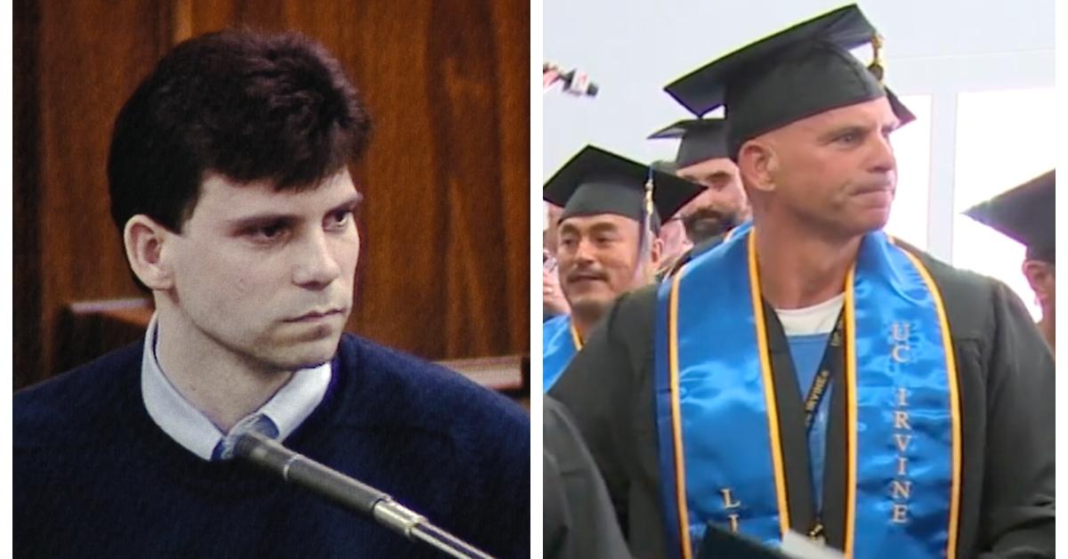 (L-R): Lyle Menendez testifies during his trial; Lyle Menendez graduates from college in prison