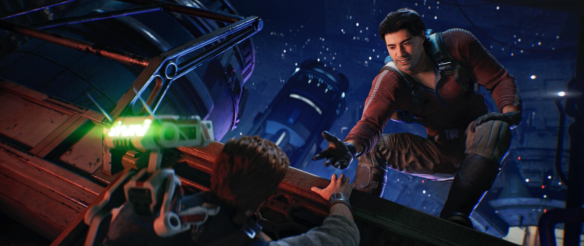 'Star Wars Jedi: Survivor' Cal reaching out to grab Bode's hand near a ledge.