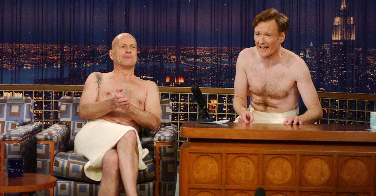 Conan O'Brien shirtless with Bruce Willis on 'The Tonight Show.' 