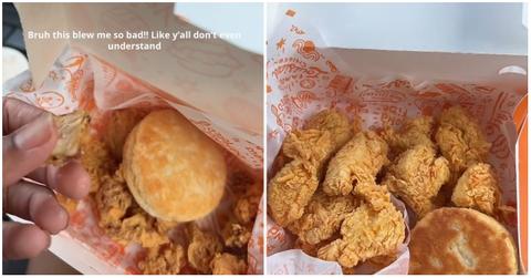 A woman's before and after of her Popeyes chicken nuggets order