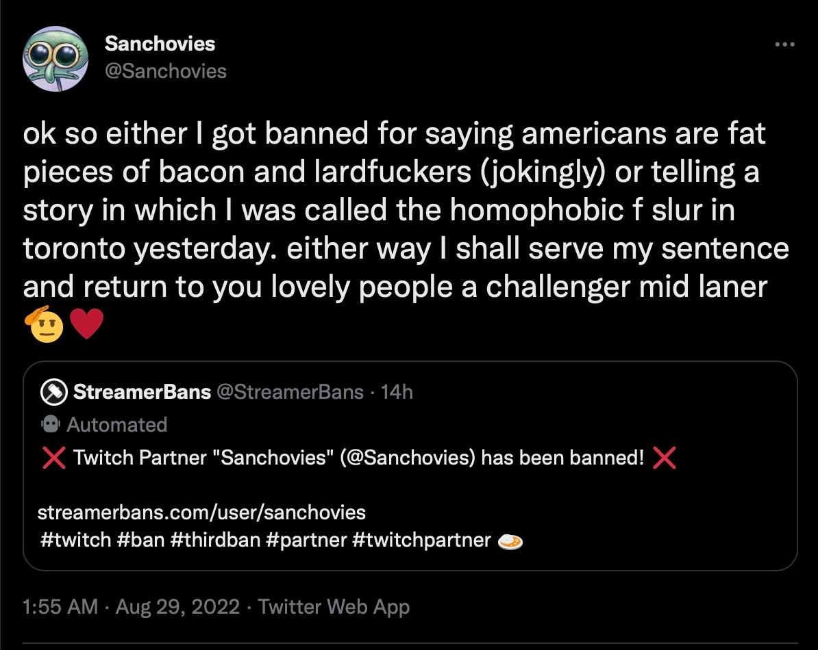 @Sanchovies on Twitter talking about his Twitch ban