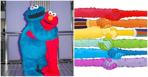 (l-r): Cookie Monster, Elmo, and the 'Sesame Street' pride graphic