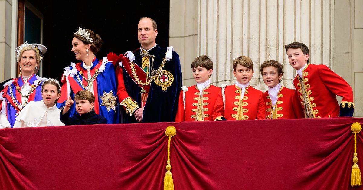 Sophie, Duchess of Edinburgh, Princess Charlotte, Prince Louis, Kate Middleton, Prince William, Lord Oliver Cholmondeley, Prince George, Nicholas Barclay and Ralph Tollemache on the balcony of Buckingham Palace during the Coronation on May 6, 2023